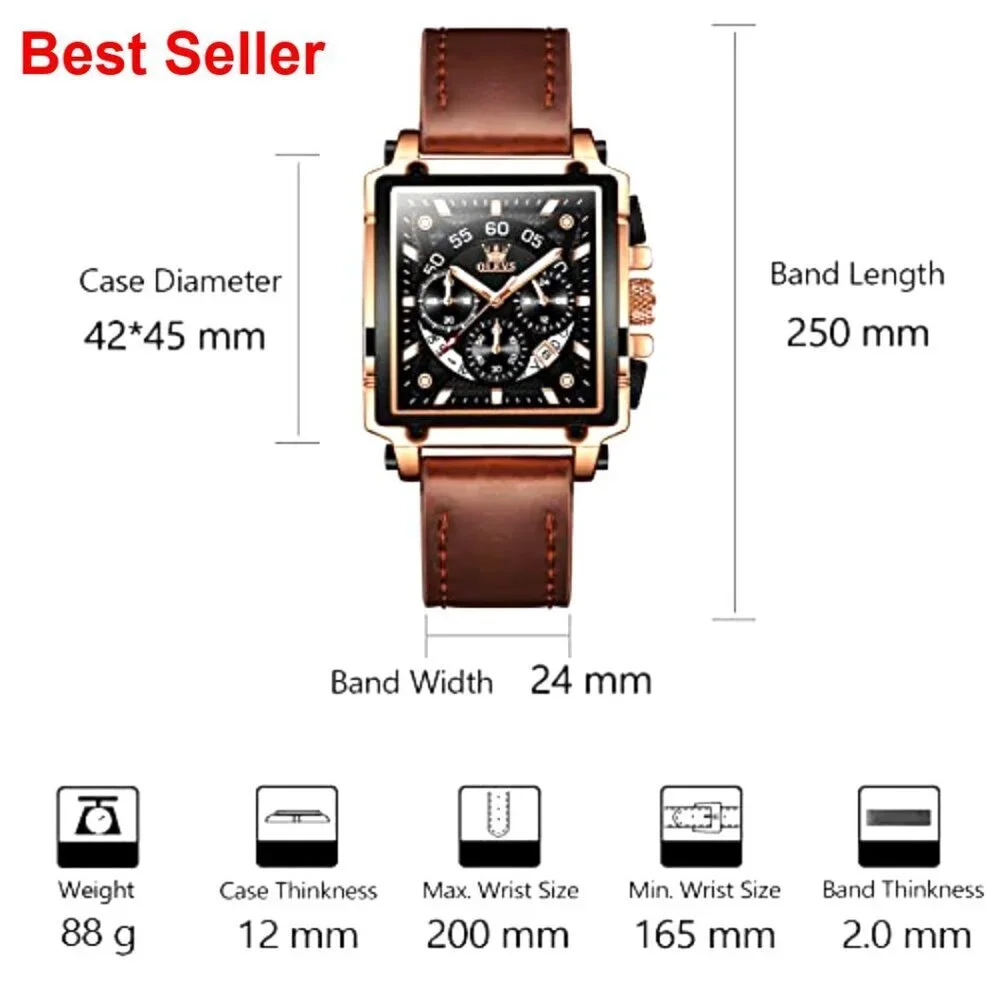 Men's Leather Chronograph Watch with Luminous Date Water Resistant